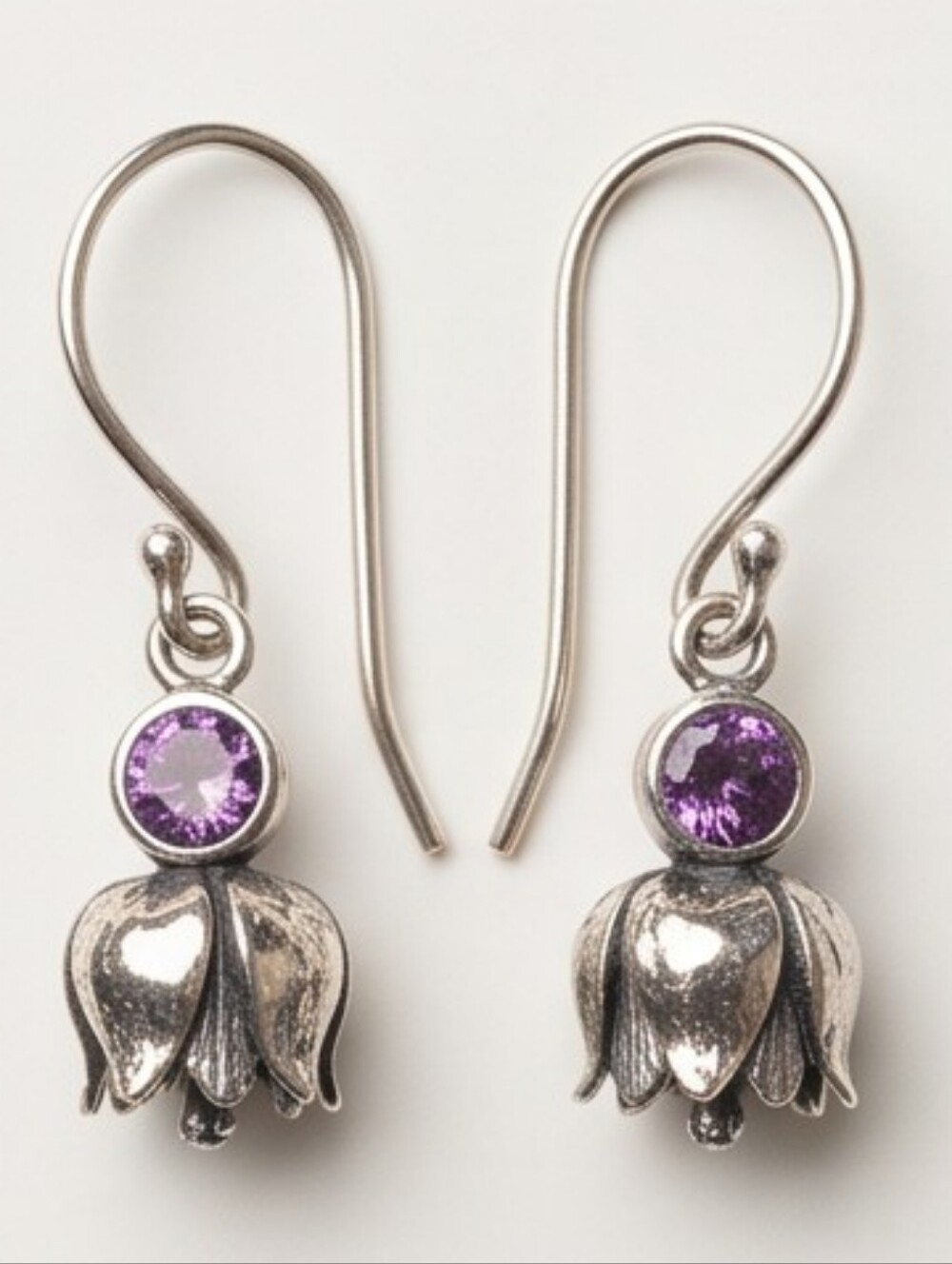 Sterling Silver Bali made Flower And Amethyst  Dangle Earrings - Picture 7 of 8